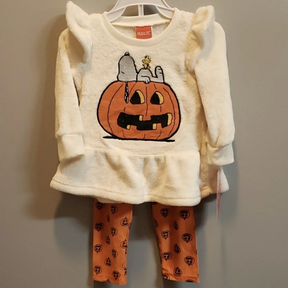 Peanuts Plush Ruffled Long Sleeve Top with Pumpkin Print Leggings, 18M